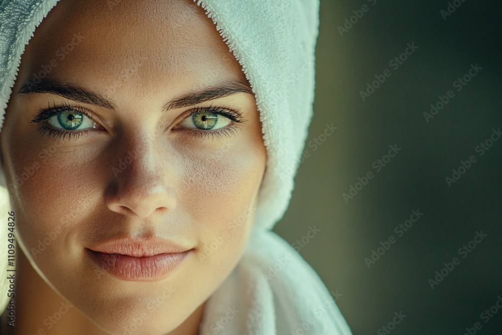 A beautiful woman with a towel on her head, isolated with a serene expression, natural light gently illuminating her face, soft tones enhancing the peaceful vibe of the image 4 A beautiful woman with a towel on her head, isolated with a serene expression, natural light gently illuminating her face, soft tones enhancing the peaceful vibe of the image 4