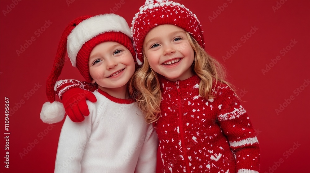 Festive portrait of two joyful young children in winter attire against a vibrant red background, radiating holiday cheer and sibling camaraderie. Festive portrait of two joyful young children in winter attire against a vibrant red background, radiating holiday cheer and sibling camaraderie.
