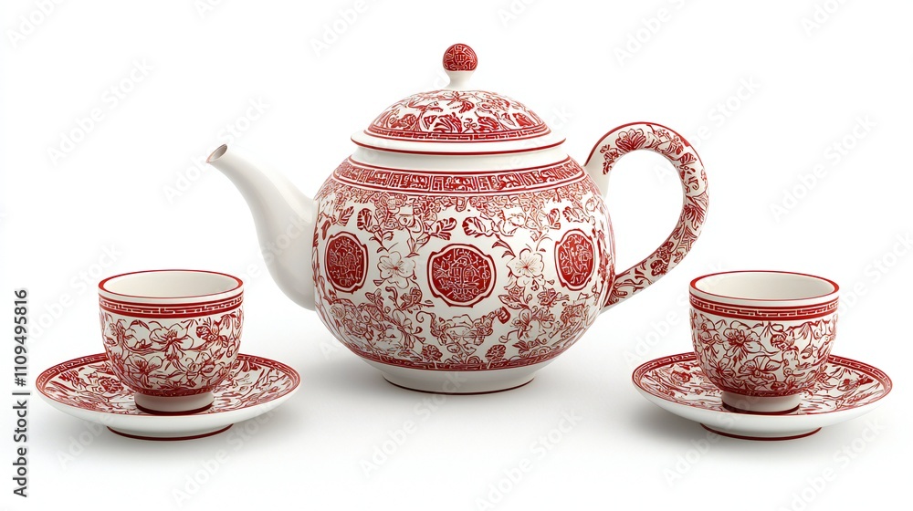 Red White Chinese Tea Set Teapot Cups Saucers Red White Chinese Tea Set Teapot Cups Saucers