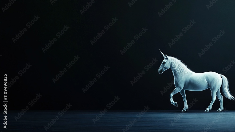 Obraz premium A white unicorn turns its head to the side, standing in the center of a dark room
