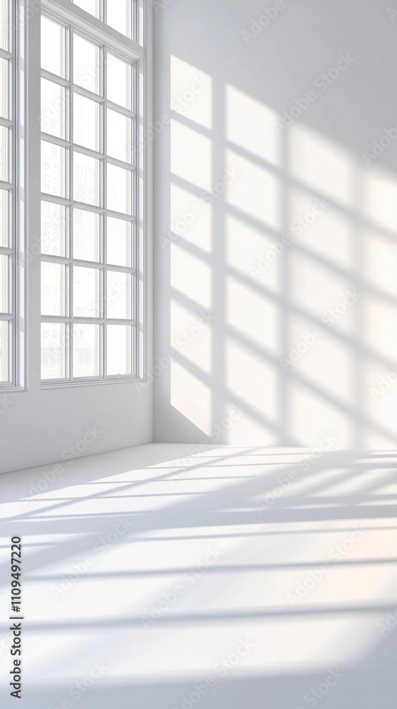 Sunlight streaming through large white-framed windows casts geometric shadows on pristine white walls and floor, creating a serene and minimalist interior space. Sunlight streaming through large white-framed windows casts geometric shadows on pristine white walls and floor, creating a serene and minimalist interior space.