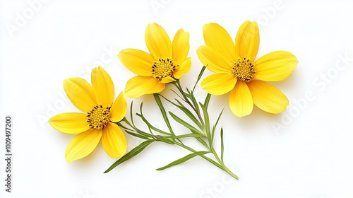  Three yellow flowers arranged on a white tablecloth