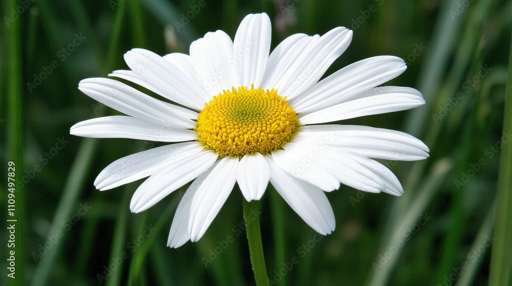 Fototapeta premium A white flower with a yellow center in green grass