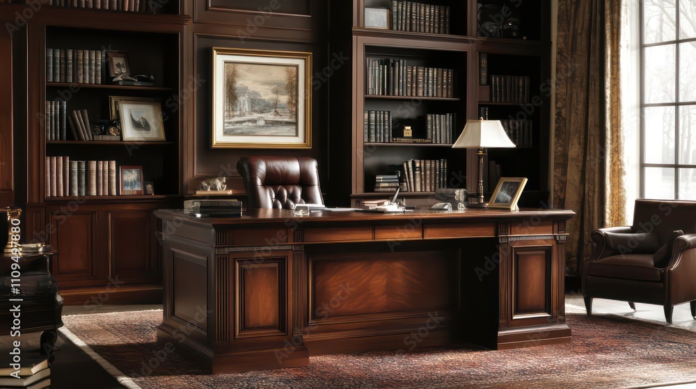 Luxurious home office with large wooden desk, leather chair, built-in bookshelves, and rich decor. Luxurious home office with large wooden desk, leather chair, built-in bookshelves, and rich decor.