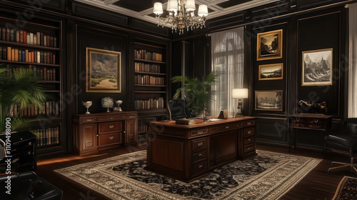 Wallpaper Mural Luxurious dark wood paneled study with large desk, bookshelves, artwork, and ornate chandelier. Torontodigital.ca
