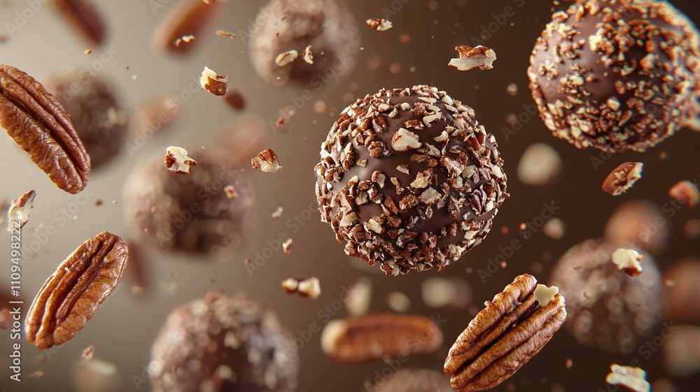 A chocolate donut with pecans scattered around it on a brown background A chocolate donut with pecans scattered around it on a brown background