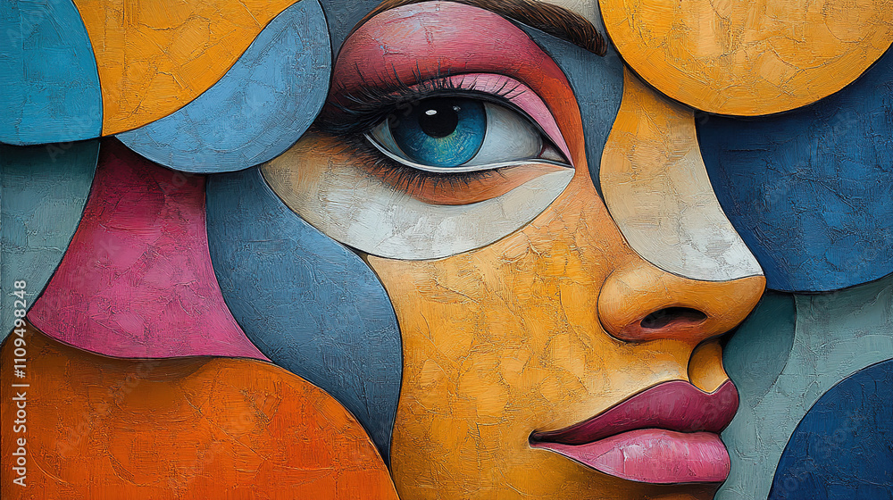 Obraz premium Colorful abstract mural showcasing a woman's face with vibrant geometric patterns and striking blue eye detail. Generative AI