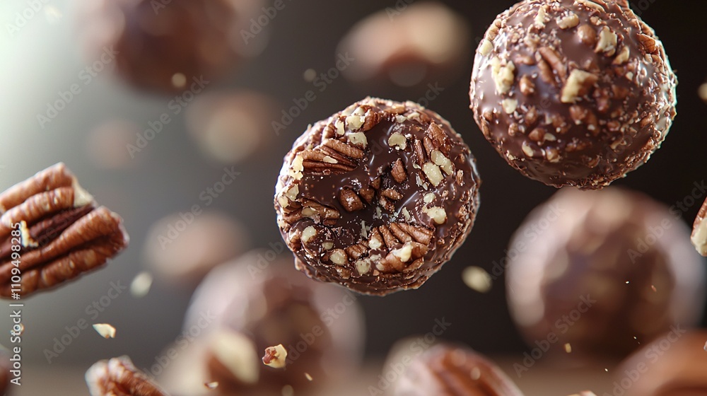 Close-up of chocolate donut with nuts falling out, surrounded by more donuts Close-up of chocolate donut with nuts falling out, surrounded by more donuts