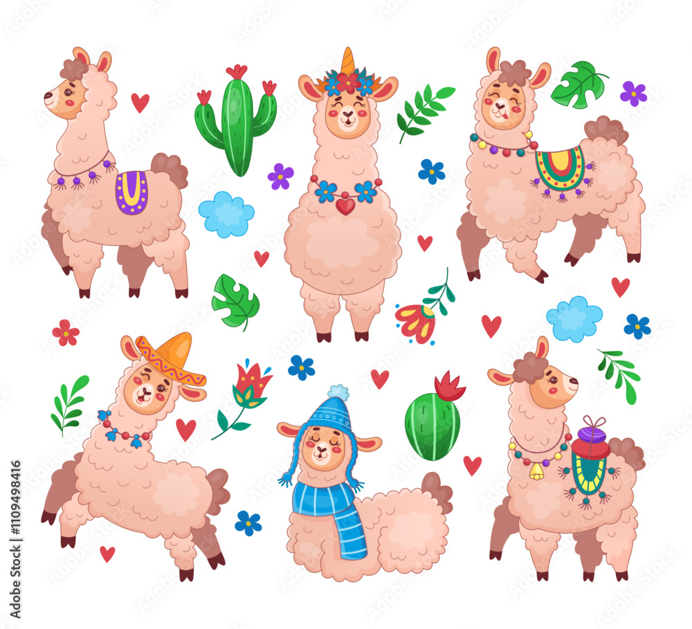 Naklejka premium Llama cute. Animal alpaca cartoon flat style isolated illustration. Childs pet character from Peru. Babys funny icon. Colorful Mexican mammal. Vector children illustration tidy stickers collection