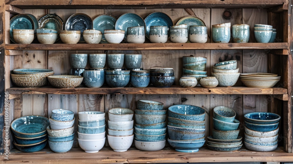 Rustic wooden shelves display various sizes and shades of ceramic bowls and cups. Rustic wooden shelves display various sizes and shades of ceramic bowls and cups.