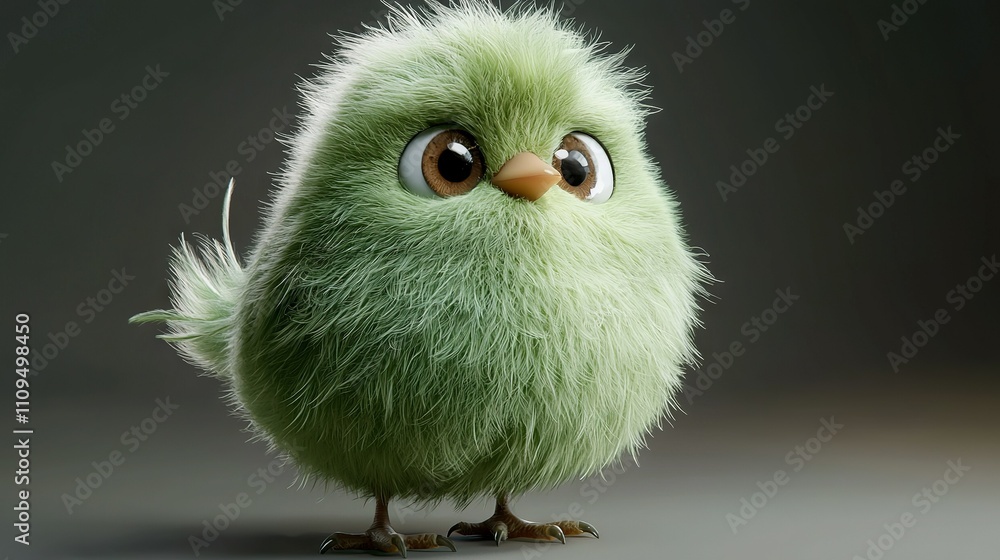 Fototapeta premium Close-up image of a tiny green bird with an astonished expression against a gray backdrop