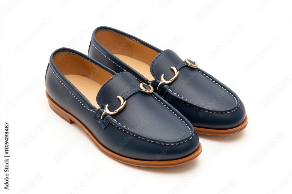 Navy blue leather loafers with gold accents on a white background. Navy blue leather loafers with gold accents on a white background.
