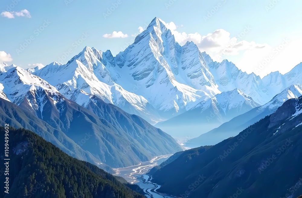 Fototapeta premium Beautiful landscape of snow-capped mountains. Panoramic view of mountainous area with peaks. 