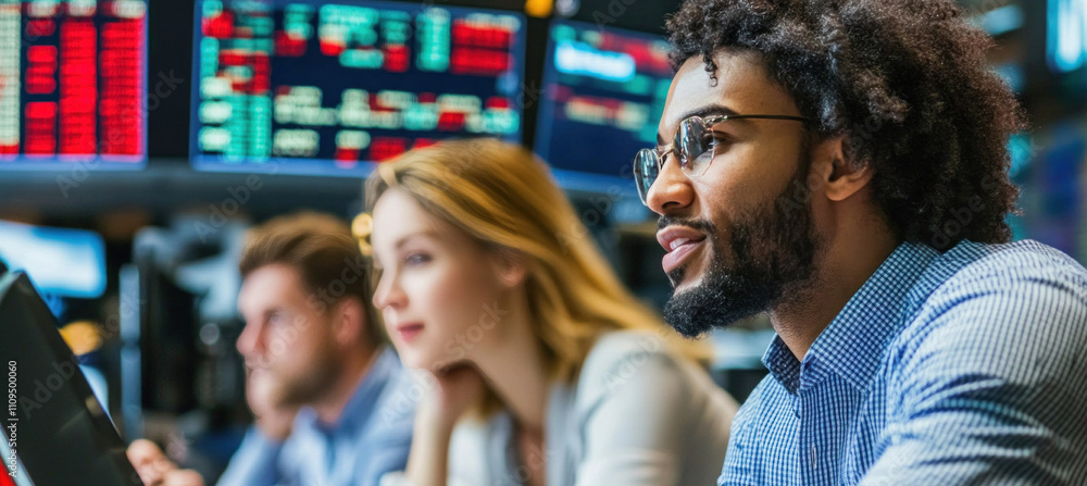 Obraz premium Stockbrokers working at monitors showing data from global markets