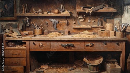 Woodworking Haven, a vibrant workbench filled with scattered wood shavings, an array of tools, and various materials, embodying the spirit of craftsmanship and creativity