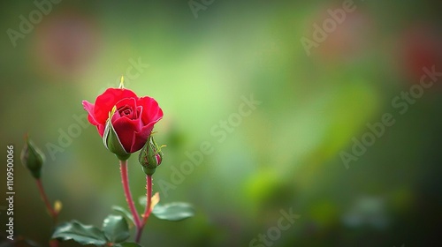  A lone red rose stands out amidst green foliage, with a blurry background behind it