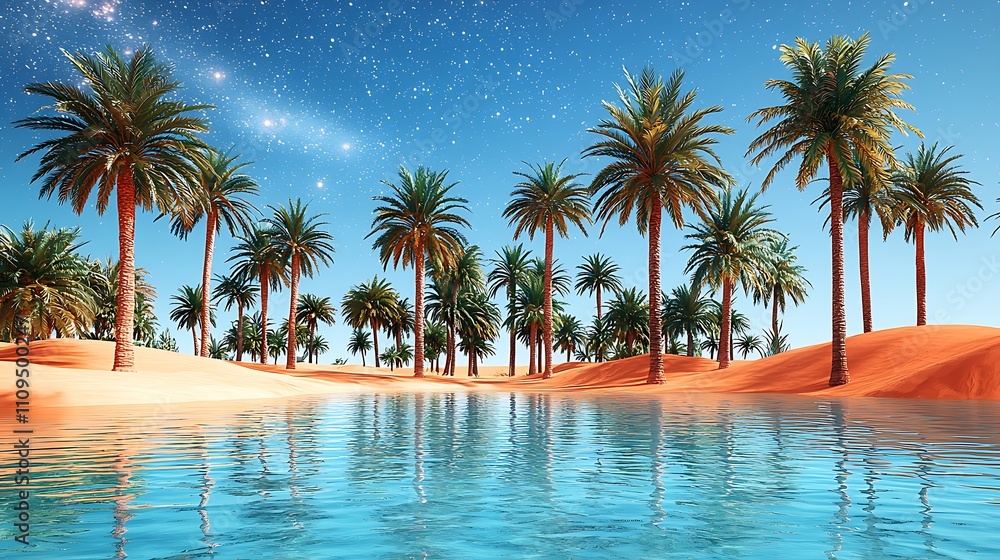 Obraz premium Oasis at night with palm trees and clear water reflecting the starry sky.