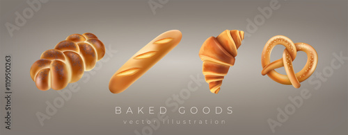 Bakery 3D. Bread food baking symbol. Croissant, baguette and German pretzel, Challah. Icon wheat breakfast, cooking pastry grain, confectionery product. Render isolated elements. Vector realistic set