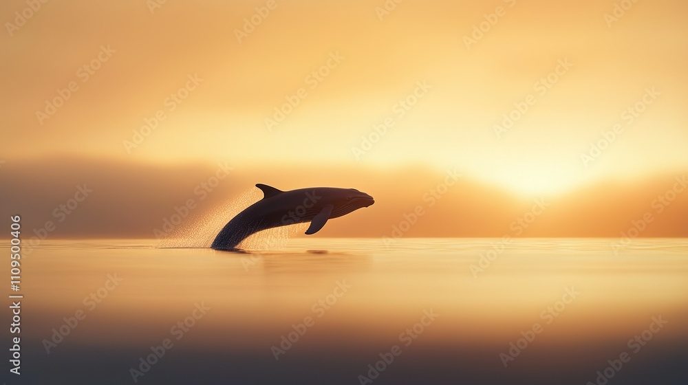 Naklejka premium A dolphin jumps out of the water in front of a setting sun on a cloudy day in a body of water