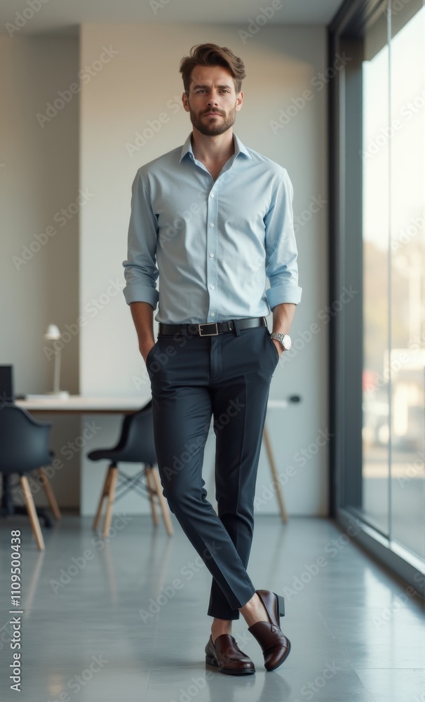 Full-body image of a male in a bright, minimalist workspace Full-body image of a male in a bright, minimalist workspace