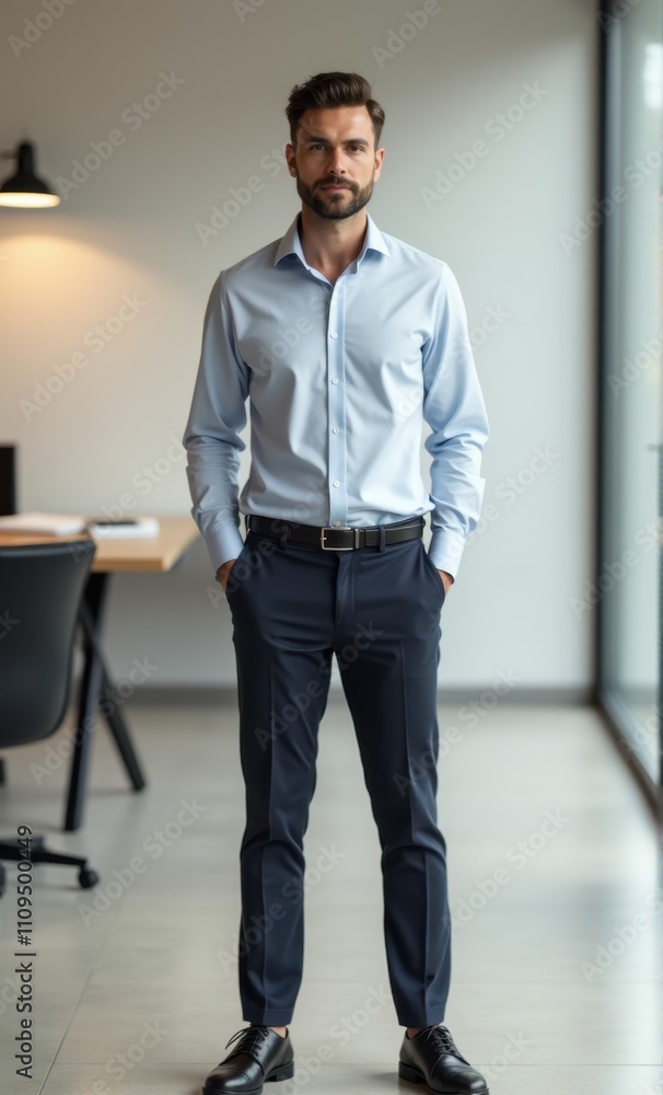 Stylish young adult standing in a contemporary, open office Stylish young adult standing in a contemporary, open office