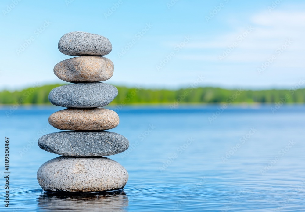 In this 3D illustration, a stack of stones in the serene sea represents the concept of meditation. In this 3D illustration, a stack of stones in the serene sea represents the concept of meditation.