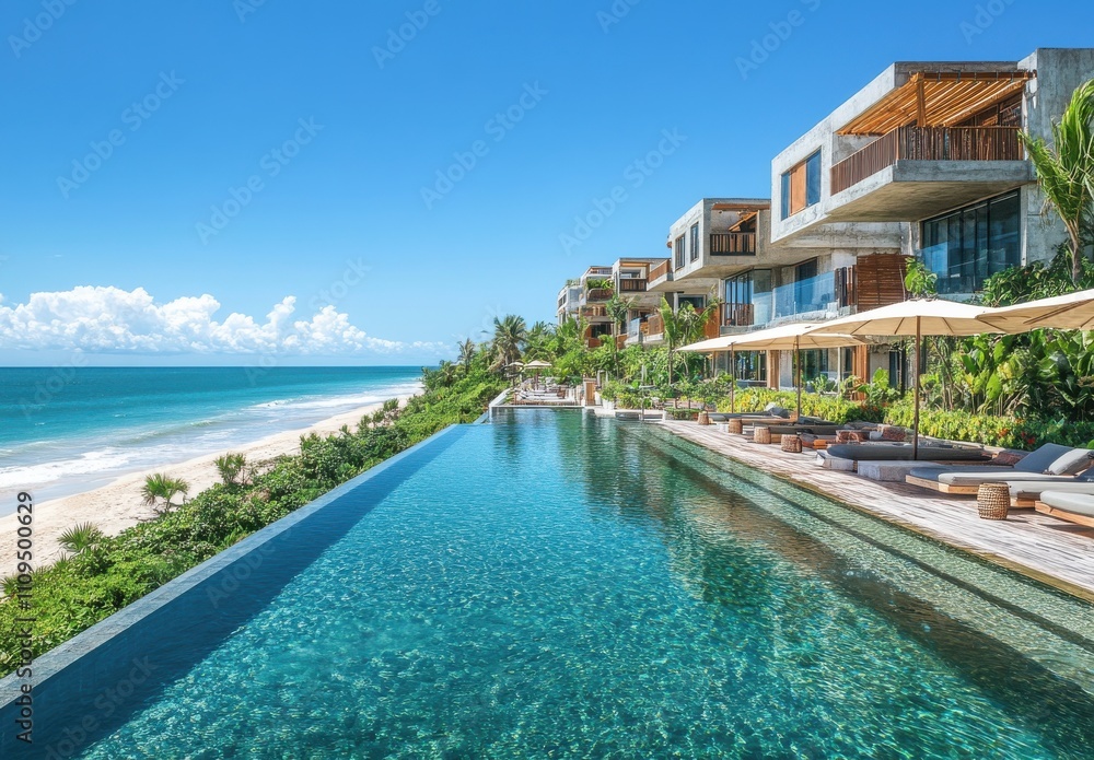 Fototapeta premium Luxurious beachfront resort with stunning infinity pool overlooking tropical ocean and beautiful sandy shore under a clear blue sky, perfect for relaxation and escape.