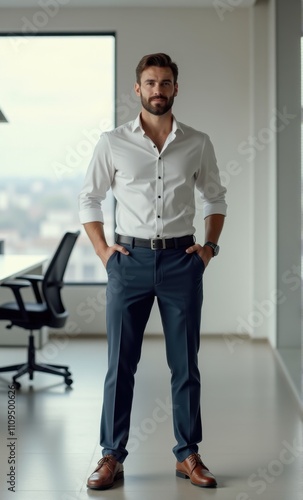 Full-length professional image of a male in a modern office setup