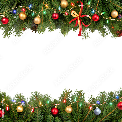 Seamless decorative christmas border with coniferous branches and garlands of christmas lights and ornaments cosmetics festival perfume.