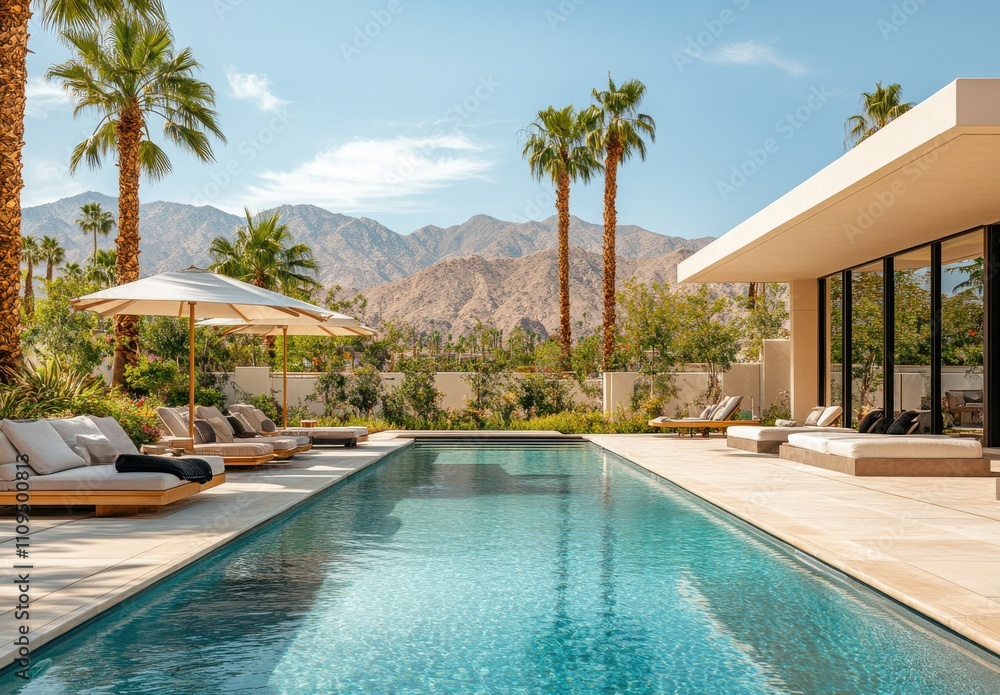 Fototapeta premium Luxurious Outdoor Pool Oasis Surrounded by Palm Trees with Majestic Mountain View and Modern Architecture in Sunny Desert Landscape