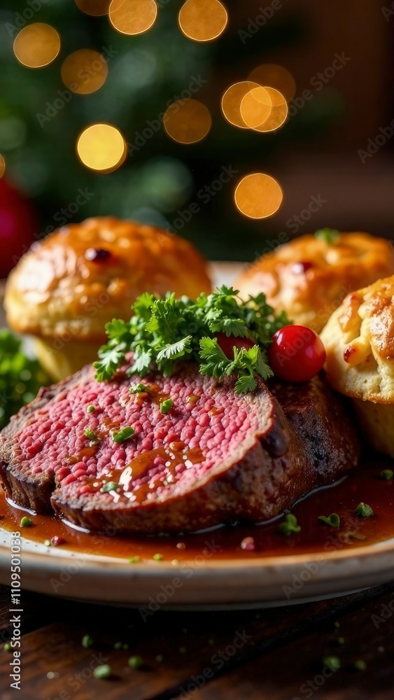 British Christmas roast beef with Yorkshire puddings, rich gravy, festive table setting, cozy warm lighting British Christmas roast beef with Yorkshire puddings, rich gravy, festive table setting, cozy warm lighting