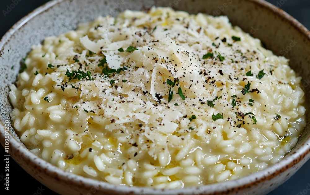 A bowl of creamy risotto with truffle oil and parmesan. A bowl of creamy risotto with truffle oil and parmesan.