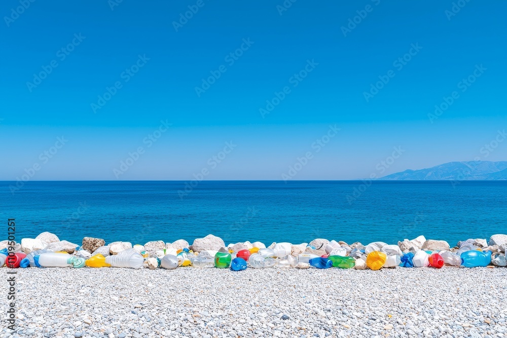 Obraz premium Waste on the shore harms underwater life, detracts from the natural beauty, and endangers human health. The image was produced digitally, leaving no carbon footprint.
