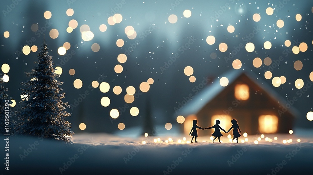 Naklejka premium A photo of two people holding hands in a snowy scene, with a lit Christmas tree and a house in the background
