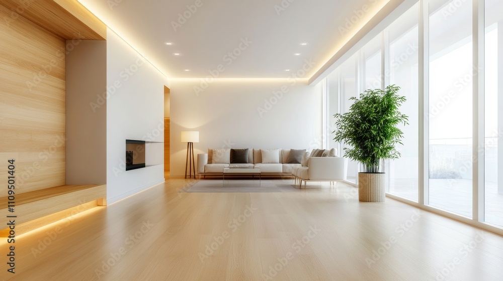A large, open living room with a white couch, a potted plant, and a fireplace A large, open living room with a white couch, a potted plant, and a fireplace