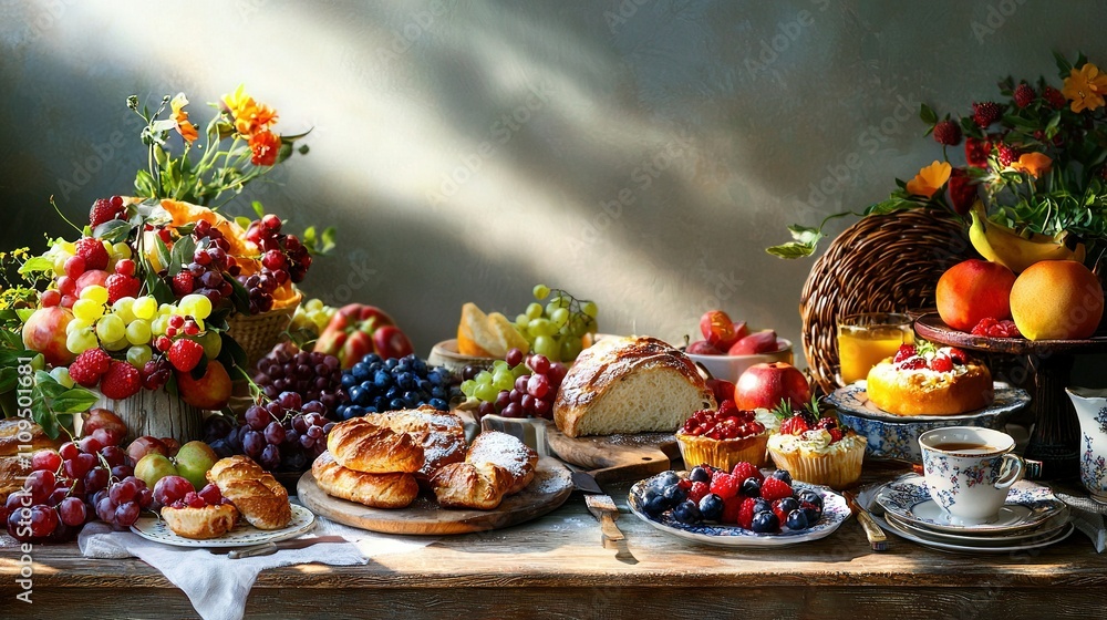 Fototapeta premium Fruit, pastries, vase, and basket displayed atop the table
