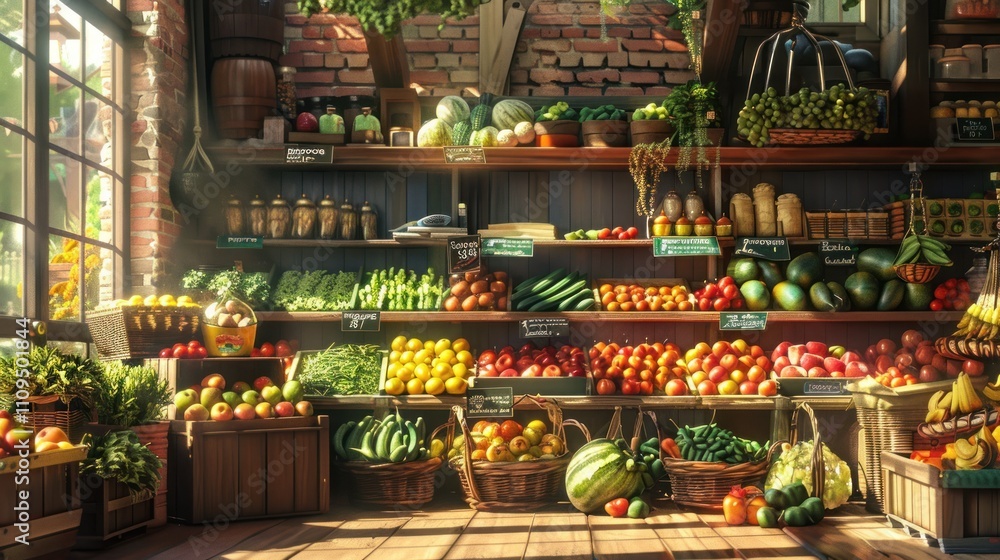 Sunlit rustic farmer's market produce shop interior with abundant fresh fruits and vegetables. Sunlit rustic farmer's market produce shop interior with abundant fresh fruits and vegetables.