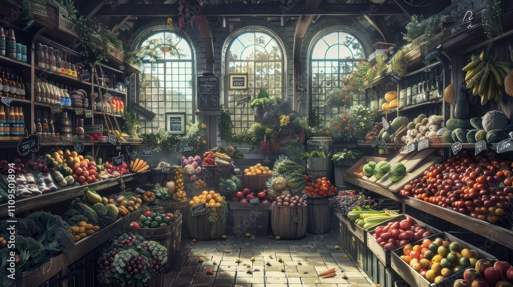 Sunlit rustic shop overflowing with fresh produce. Sunlit rustic shop overflowing with fresh produce.