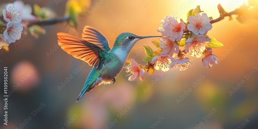 Fototapeta premium Colorful hummingbird hovering near delicate blossoms during a warm sunset in a serene garden