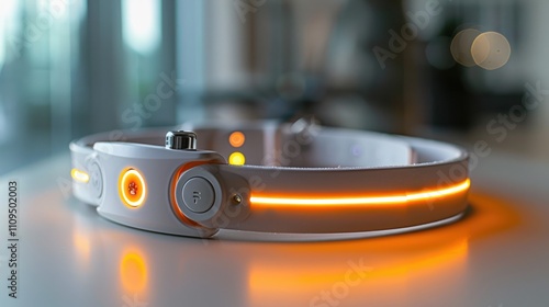 Illuminated pet collar with orange light, close-up. photo