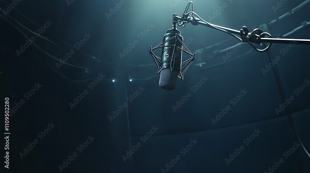 A detailed close-up of a modern broadcast microphone, hovering in a dark-blue studio space A detailed close-up of a modern broadcast microphone, hovering in a dark-blue studio space