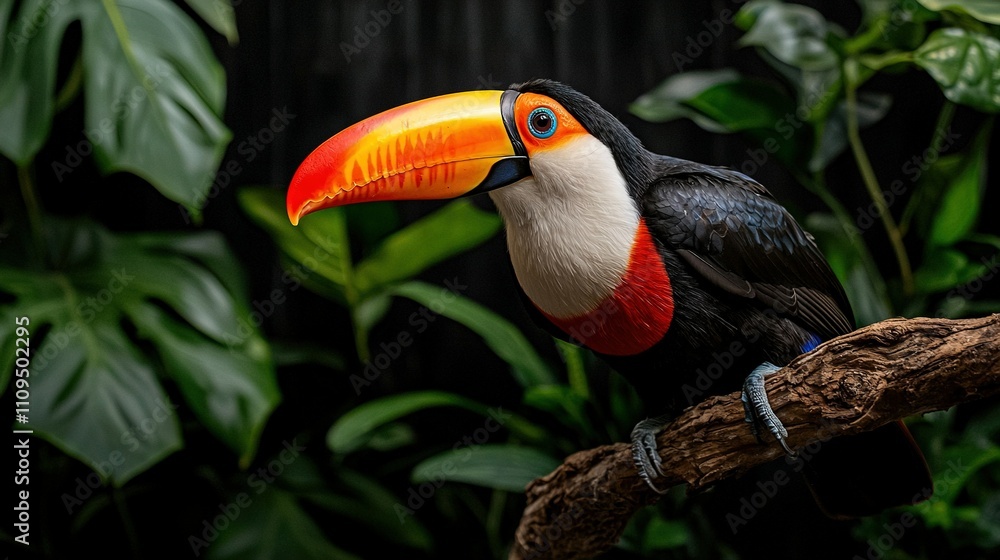 Fototapeta premium Vivid toucan perched on tree limb amidst lush foliage, framed by black fence