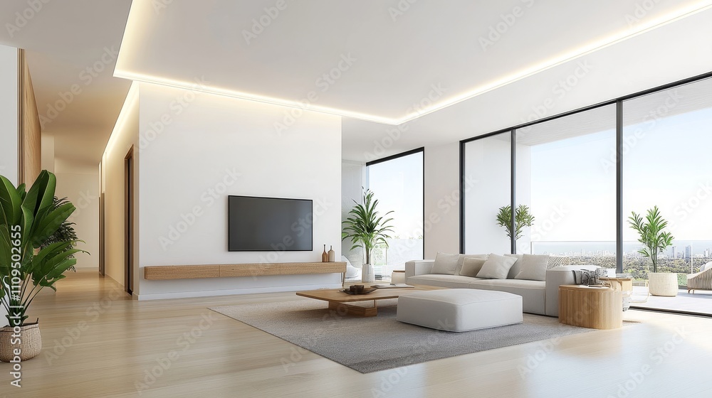 Fototapeta premium A living room with a white couch and a coffee table