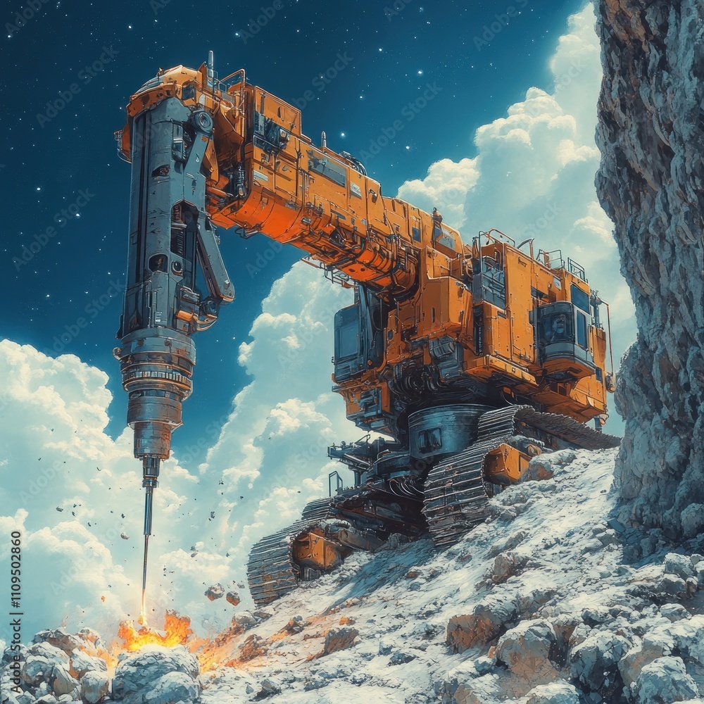 A large, futuristic drilling machine operates on a rocky surface, creating sparks and debris. A large, futuristic drilling machine operates on a rocky surface, creating sparks and debris.