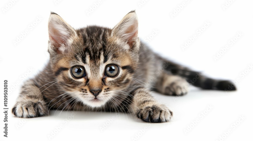 A playful tabby kitten lying down, showcasing its curious expression and adorable features. A playful tabby kitten lying down, showcasing its curious expression and adorable features.
