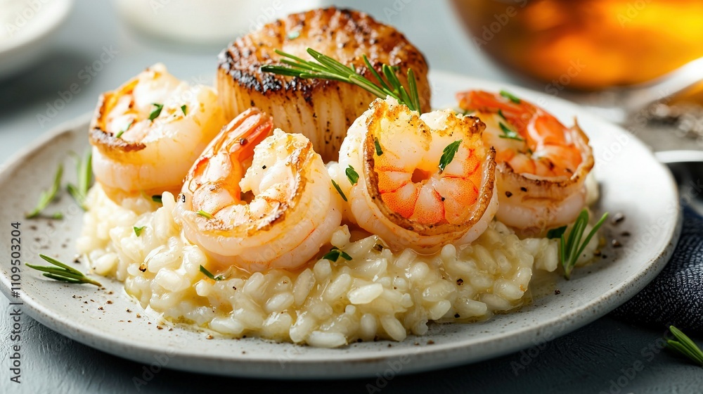 A plate of food with shrimp on rice, garnished with a sprig of rosemary A plate of food with shrimp on rice, garnished with a sprig of rosemary