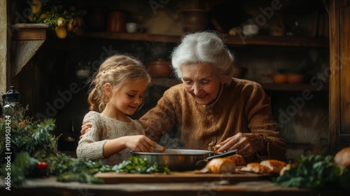 Heartwarming Moment of Grandmother and Granddaughter Cooking Together in Cozy Kitchen Surrounded by Fresh Ingredients and Warmth of Home