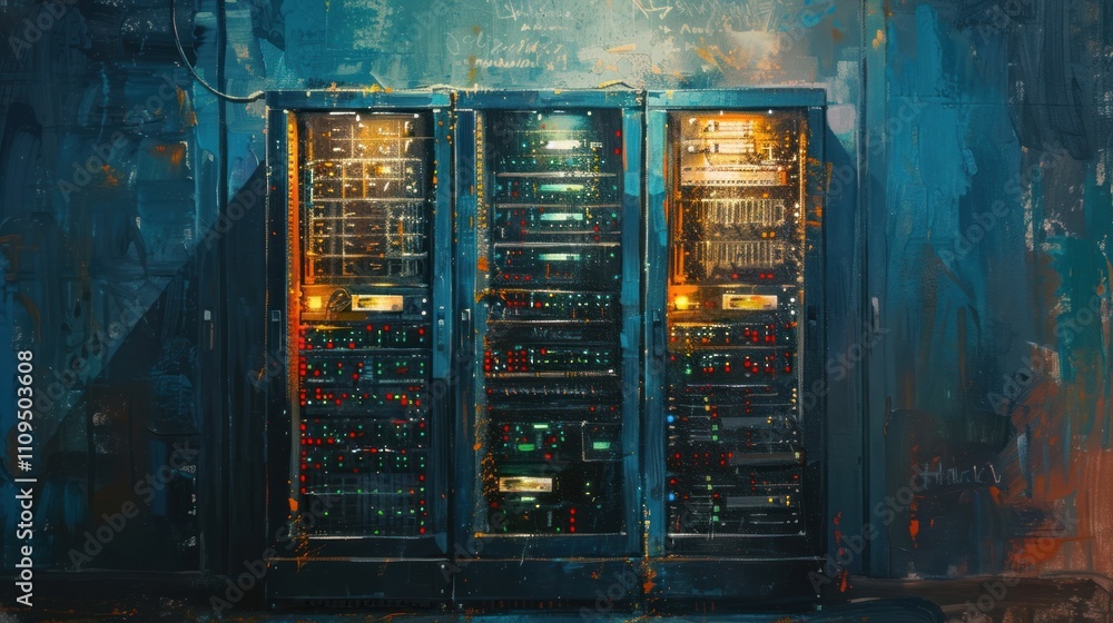 Grungy server room with three lit racks at night. Grungy server room with three lit racks at night.