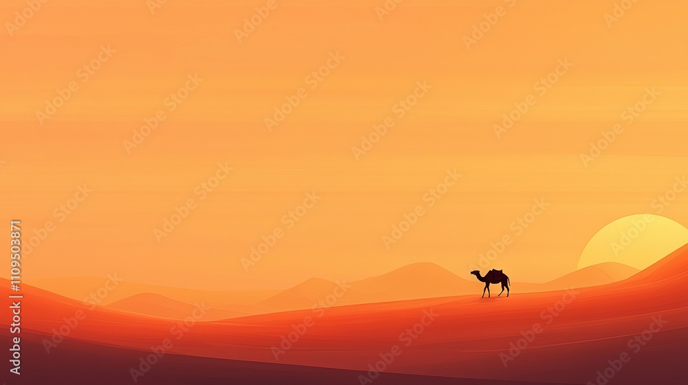 A desert landscape features a solitary camel near the front while the sun is positioned far away, surrounded by rolling hills A desert landscape features a solitary camel near the front while the sun is positioned far away, surrounded by rolling hills