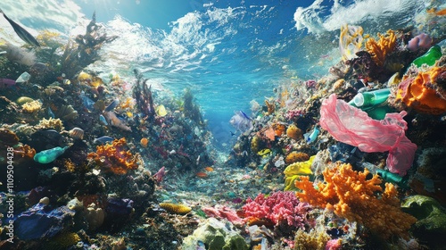 Wallpaper Mural Underwater scene filled with colorful coral and plastic pollution. Torontodigital.ca